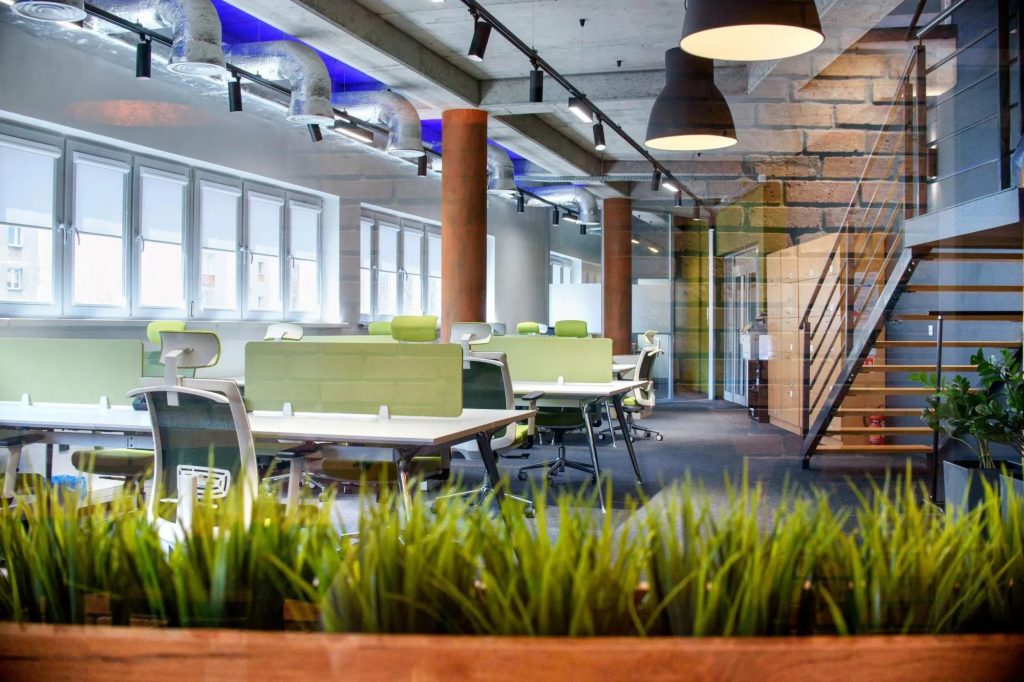 Work area at Rise.pl Królewska featuring spacious desks, chairs and plants